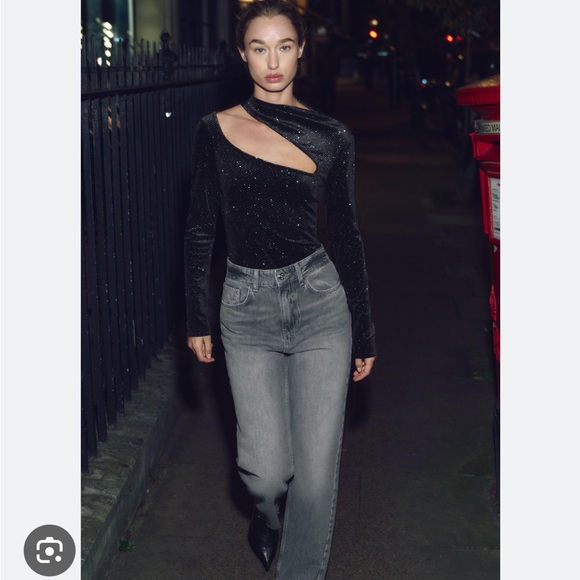 Zara Tops - ZARA black glitter velvet asymmetrical bodysuit